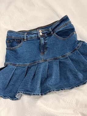 Y2K Denim Pleated Mini Skirt Low Rise Blue Jean Skirt